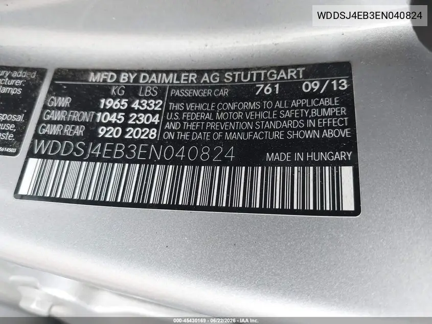 2014 Mercedes-Benz Cla 250 VIN: WDDSJ4EB3EN040824 Lot: 45430169