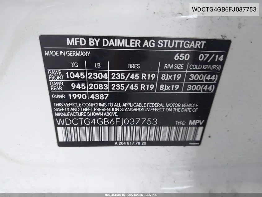 2015 Mercedes-Benz Gla 250 4Matic VIN: WDCTG4GB6FJ037753 Lot: 45468915