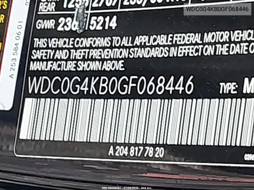 2016 Mercedes-Benz Glc 300 4Matic VIN: WDC0G4KB0GF068446 Lot: 45446397