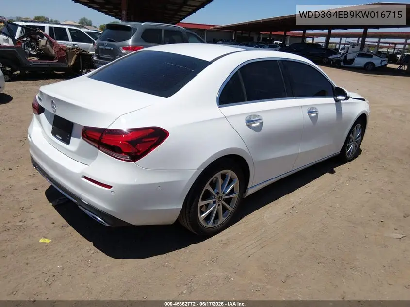 2019 Mercedes-Benz A 220 VIN: WDD3G4EB9KW016715 Lot: 45362772