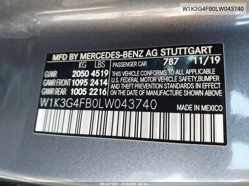 2020 Mercedes-Benz A 220 4Matic VIN: W1K3G4FB0LW043740 Lot: 44718341