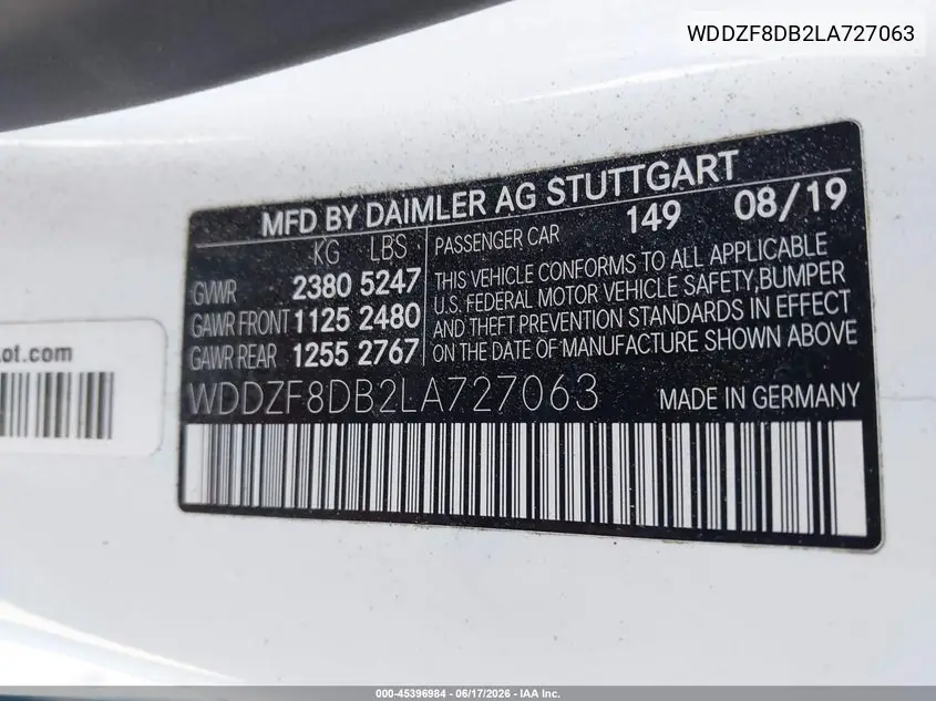 2020 Mercedes-Benz E 350 VIN: WDDZF8DB2LA727063 Lot: 45396984