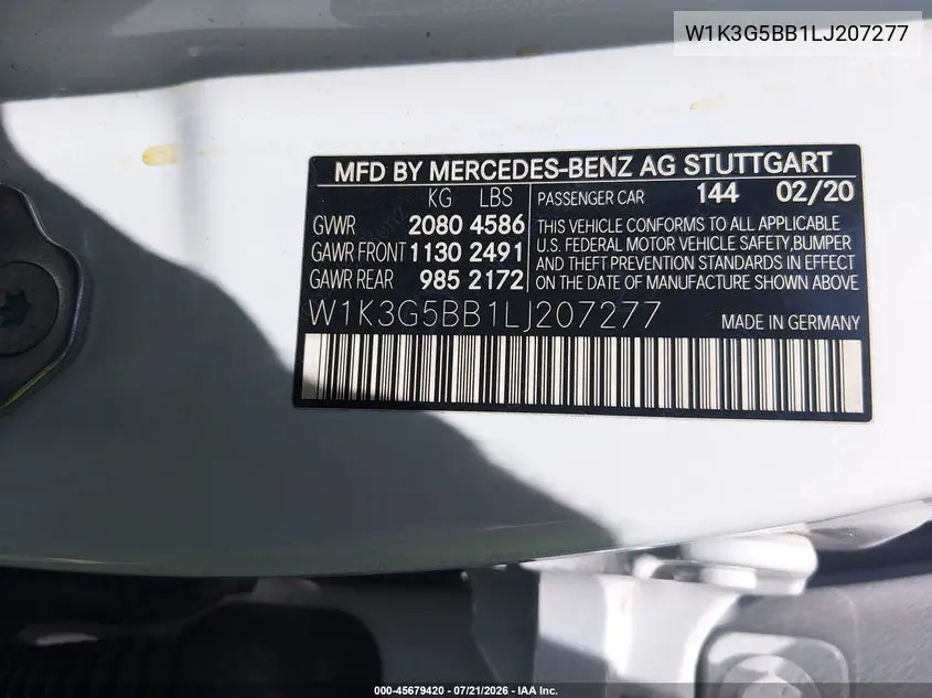 W1K3G5BB1LJ207277 2020 Mercedes-Benz Amg A 35 4Matic