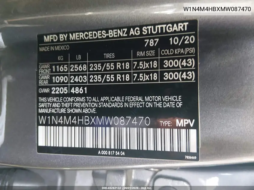 2021 Mercedes-Benz Glb 250 4Matic VIN: W1N4M4HBXMW087470 Lot: 45262132