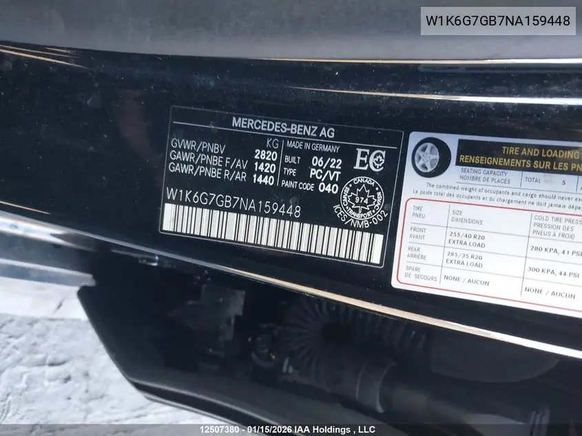 2022 Mercedes-Benz S 580 4Matic VIN: W1K6G7GB7NA159448 Lot: 12507380