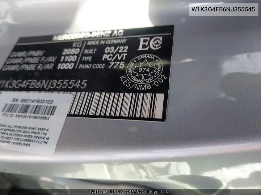 2022 Mercedes-Benz A 220 4Mtic VIN: W1K3G4FB6NJ355545 Lot: 12517971
