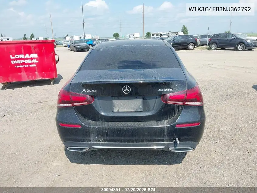 2022 Mercedes-Benz A 220 4Matic VIN: W1K3G4FB3NJ362792 Lot: 30094351