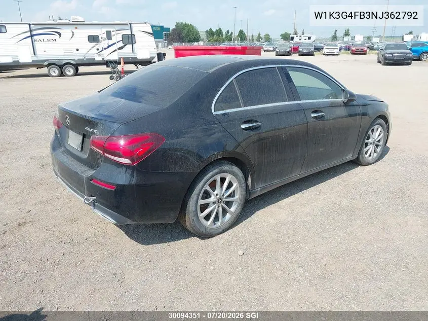 2022 Mercedes-Benz A 220 4Matic VIN: W1K3G4FB3NJ362792 Lot: 30094351