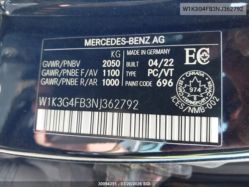 2022 Mercedes-Benz A 220 4Matic VIN: W1K3G4FB3NJ362792 Lot: 30094351