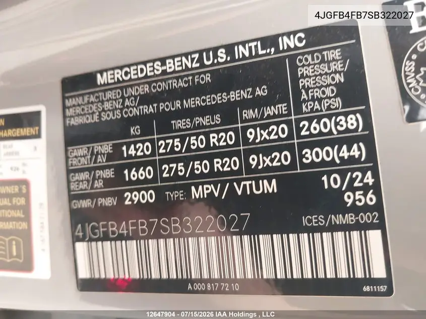 2025 Mercedes-Benz Gle 350 4Matic VIN: 4JGFB4FB7SB322027 Lot: 12647904