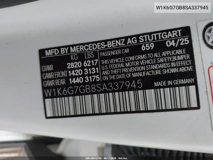 2025 Mercedes-Benz S 580 4Matic VIN: W1K6G7GB8SA337945 Lot: 45412705