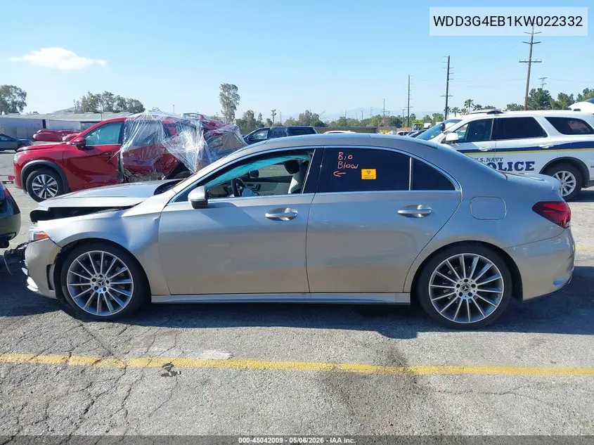 2019 Mercedes-Benz A 220 VIN: WDD3G4EB1KW022332 Lot: 45042009
