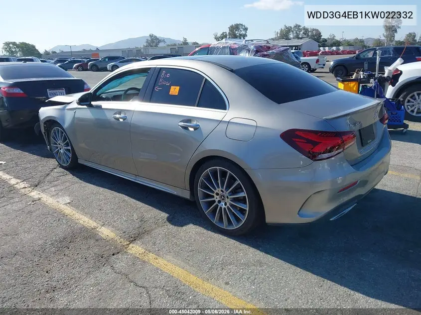 2019 Mercedes-Benz A 220 VIN: WDD3G4EB1KW022332 Lot: 45042009