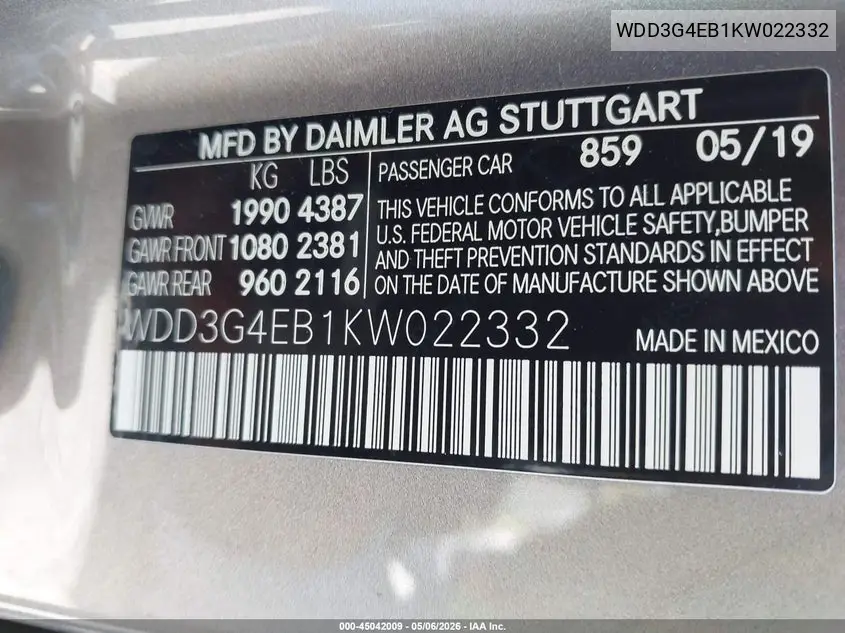 2019 Mercedes-Benz A 220 VIN: WDD3G4EB1KW022332 Lot: 45042009
