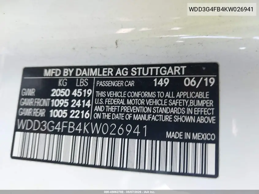 2019 Mercedes-Benz A 220 4Matic VIN: WDD3G4FB4KW026941 Lot: 45062788