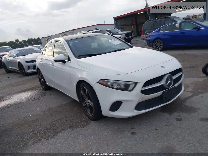 2019 Mercedes-Benz A 220 VIN: WDD3G4EB9KW034728 Lot: 45192301