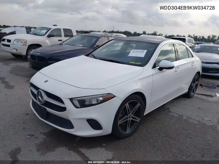 2019 Mercedes-Benz A 220 VIN: WDD3G4EB9KW034728 Lot: 45192301