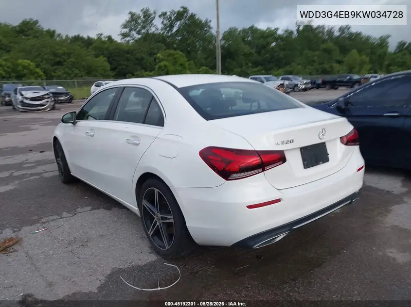 2019 Mercedes-Benz A 220 VIN: WDD3G4EB9KW034728 Lot: 45192301