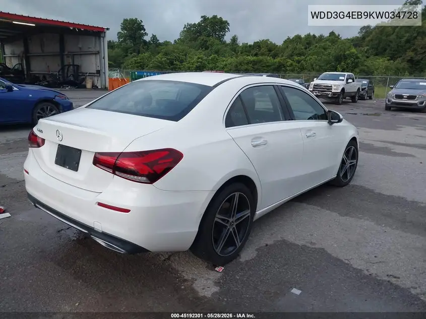 2019 Mercedes-Benz A 220 VIN: WDD3G4EB9KW034728 Lot: 45192301