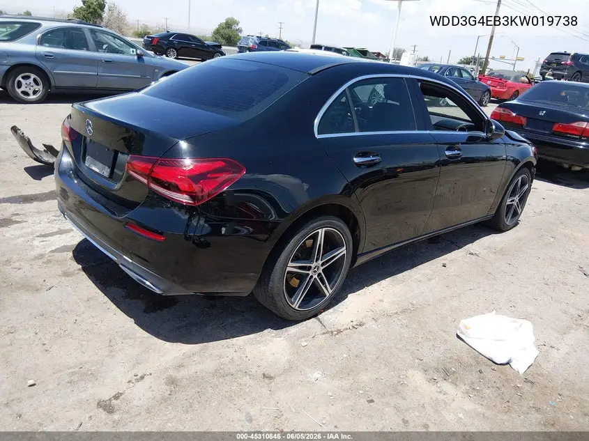 2019 Mercedes-Benz A 220 VIN: WDD3G4EB3KW019738 Lot: 45310646