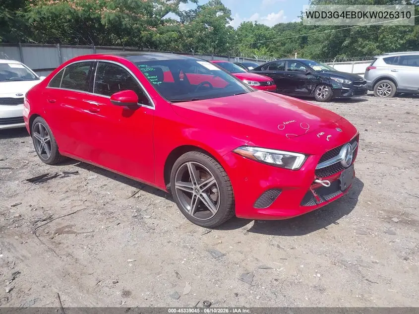 2019 Mercedes-Benz A 220 VIN: WDD3G4EB0KW026310 Lot: 45339045