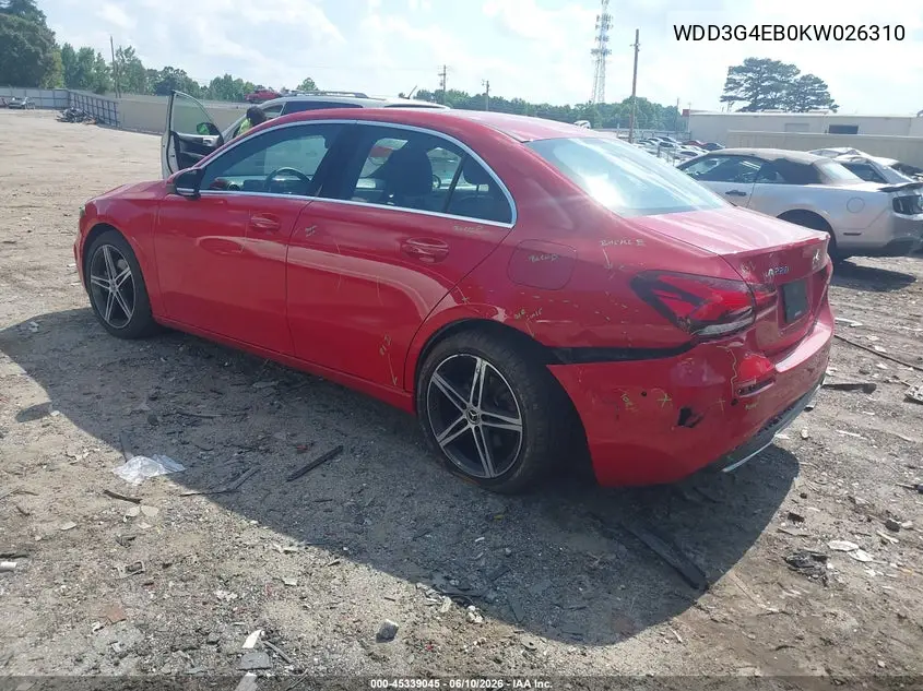 2019 Mercedes-Benz A 220 VIN: WDD3G4EB0KW026310 Lot: 45339045