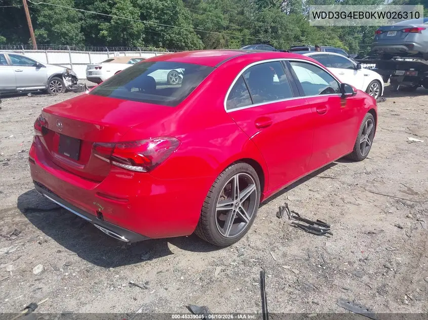 2019 Mercedes-Benz A 220 VIN: WDD3G4EB0KW026310 Lot: 45339045
