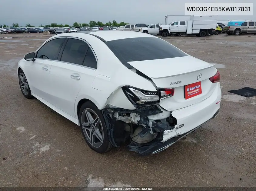 2019 Mercedes-Benz A 220 VIN: WDD3G4EB5KW017831 Lot: 45420650