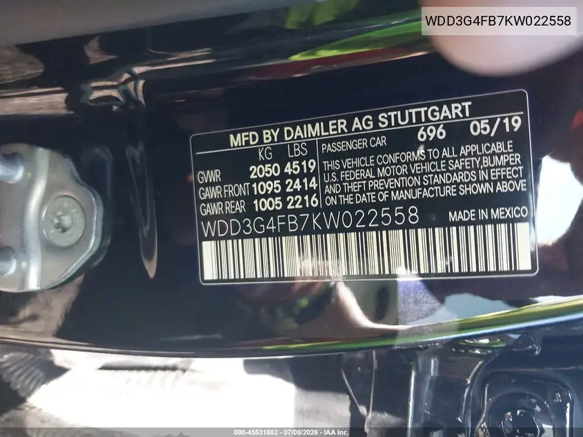 2019 Mercedes-Benz A 220 4Matic VIN: WDD3G4FB7KW022558 Lot: 45531882