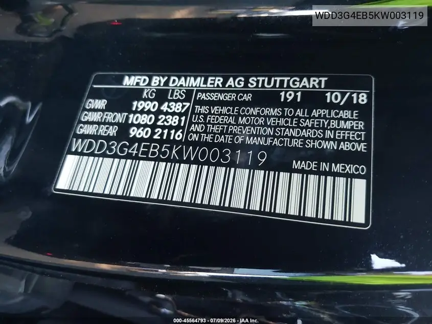 2019 Mercedes-Benz A 220 VIN: WDD3G4EB5KW003119 Lot: 45564793