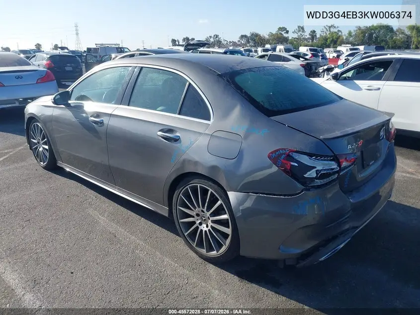 2019 Mercedes-Benz A 220 VIN: WDD3G4EB3KW006374 Lot: 45572028