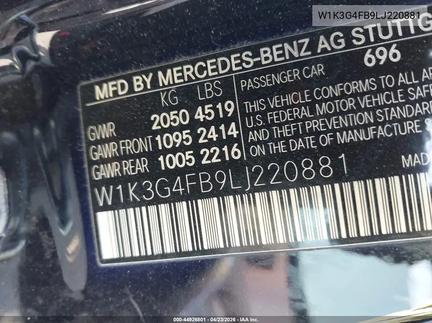 2020 Mercedes-Benz A 220 4Matic VIN: W1K3G4FB9LJ220881 Lot: 44926801