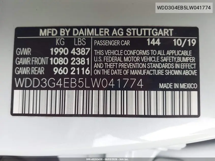 2020 Mercedes-Benz A 220 VIN: WDD3G4EB5LW041774 Lot: 45283435