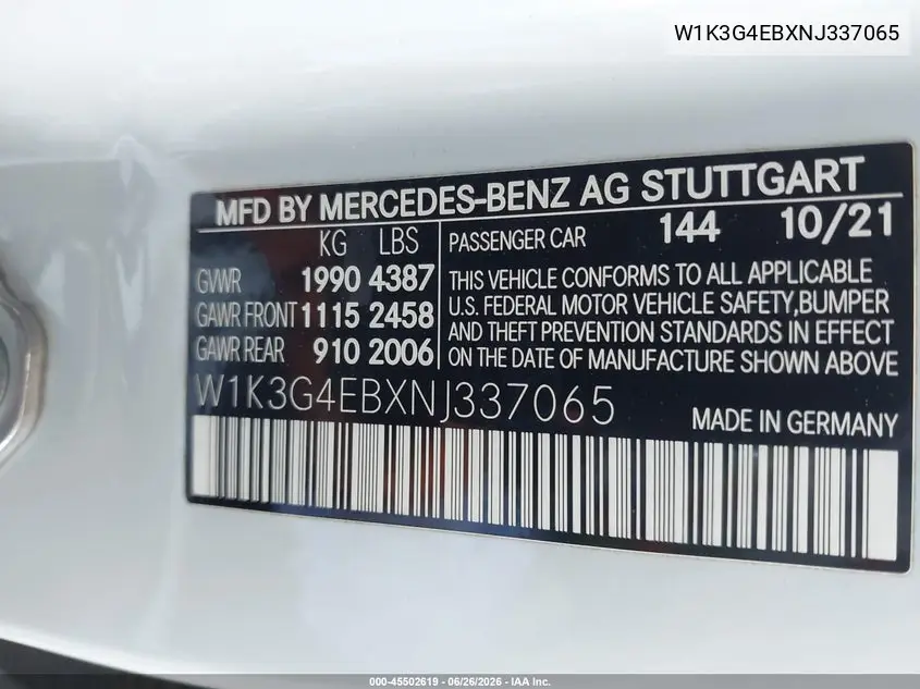 2022 Mercedes-Benz A 220 VIN: W1K3G4EBXNJ337065 Lot: 45502619