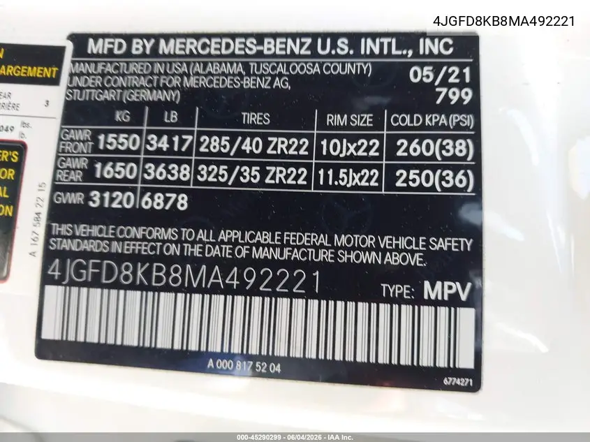 2021 Mercedes-Benz Amg Gle 63 Coupe S 4Matic VIN: 4JGFD8KB8MA492221 Lot: 45290299