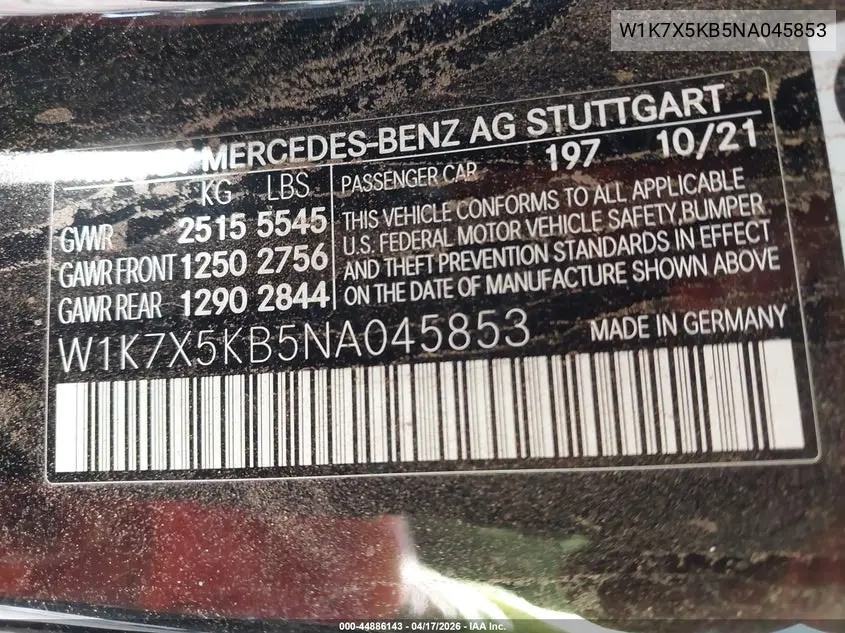 2022 Mercedes-Benz Amg Gt 43 4-Door Coupe VIN: W1K7X5KB5NA045853 Lot: 44886143