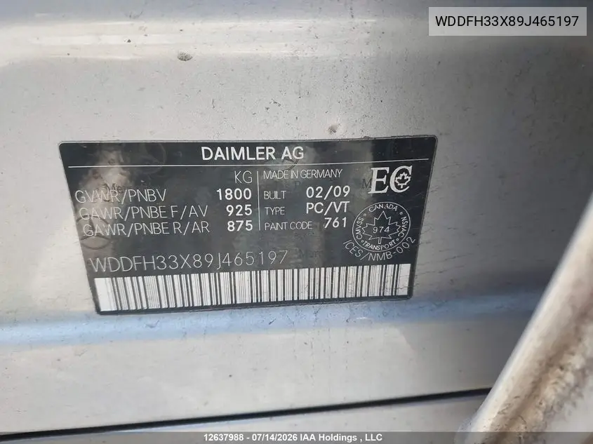 2009 Mercedes-Benz B200 VIN: WDDFH33X89J465197 Lot: 12637988