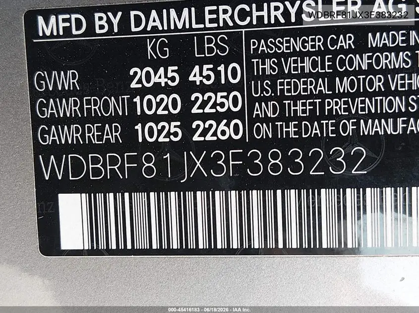 2003 Mercedes-Benz C 240 VIN: WDBRF81JX3F383232 Lot: 45416183