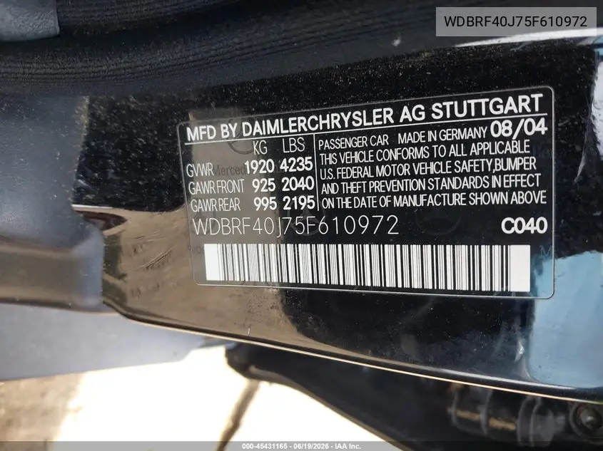 2005 Mercedes-Benz C 230 Kompressor Sport VIN: WDBRF40J75F610972 Lot: 45431165