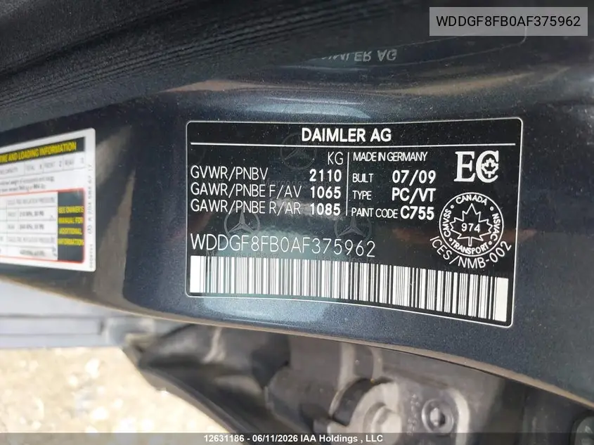 2010 Mercedes-Benz C-Class VIN: WDDGF8FB0AF375962 Lot: 12631186