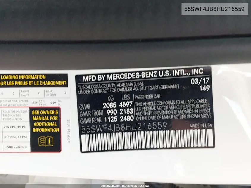 2017 Mercedes-Benz C 300 VIN: 55SWF4JB8HU216559 Lot: 45345209