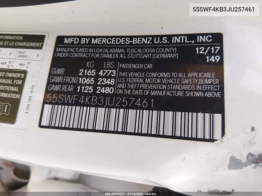 2018 Mercedes-Benz C 300 4Matic VIN: 55SWF4KB3JU257461 Lot: 45384227