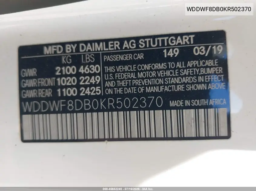 2019 Mercedes-Benz C 300 VIN: WDDWF8DB0KR502370 Lot: 45652240