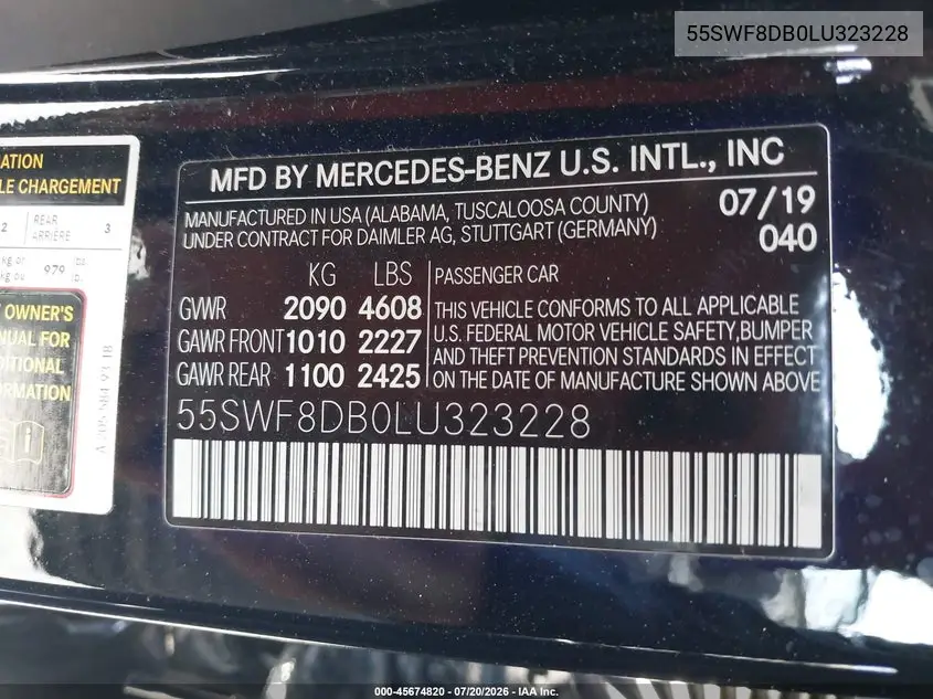 2020 Mercedes-Benz C 300 VIN: 55SWF8DB0LU323228 Lot: 45674820