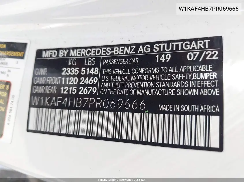 2023 Mercedes-Benz C 300 4Matic VIN: W1KAF4HB7PR069666 Lot: 45353105
