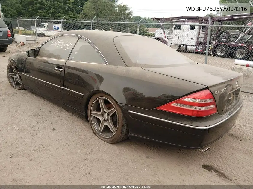 2000 Mercedes-Benz Cl 500 VIN: WDBPJ75J5YA004216 Lot: 45645590
