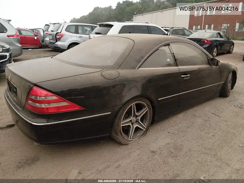 2000 Mercedes-Benz Cl 500 VIN: WDBPJ75J5YA004216 Lot: 45645590