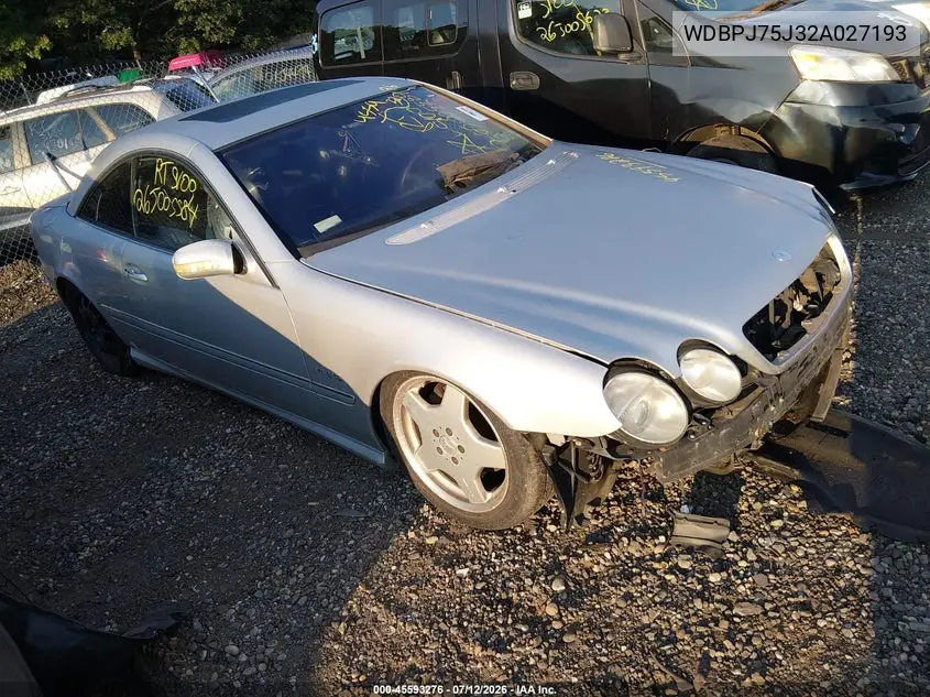 2002 Mercedes-Benz Cl 500 VIN: WDBPJ75J32A027193 Lot: 45593276