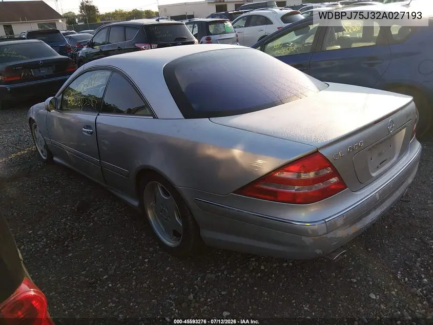 2002 Mercedes-Benz Cl 500 VIN: WDBPJ75J32A027193 Lot: 45593276
