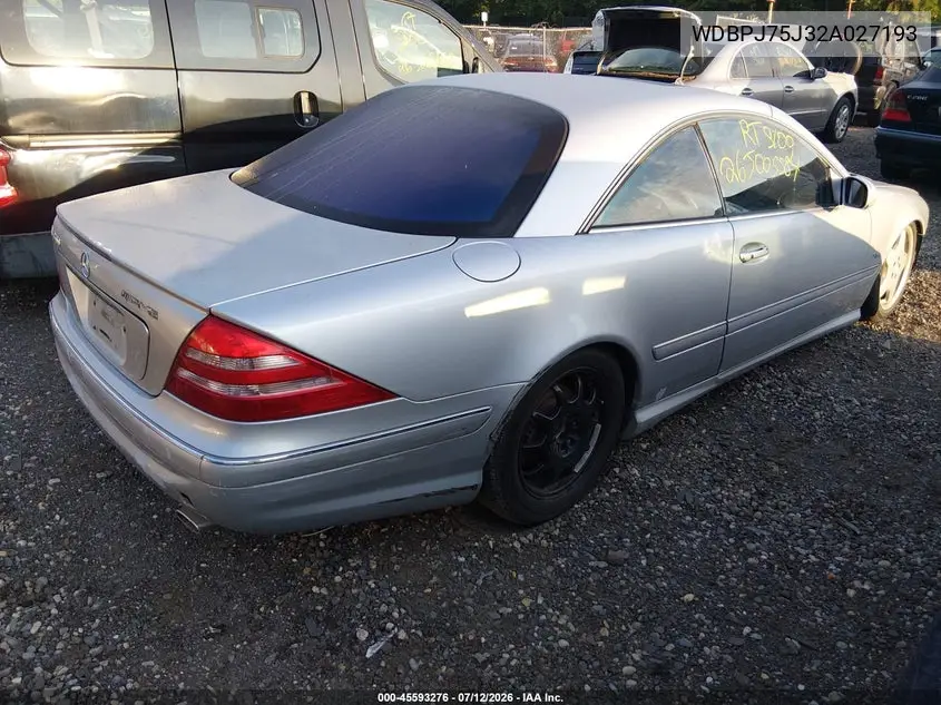 2002 Mercedes-Benz Cl 500 VIN: WDBPJ75J32A027193 Lot: 45593276